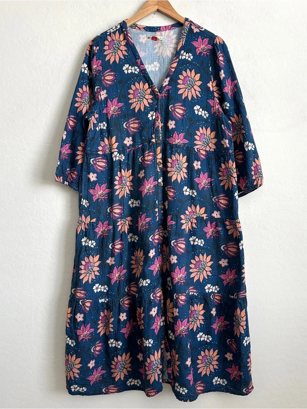 Marine Layer Midi Dress XL Gauzy Pockets Long Sleeve Batik Floral Blue *READ* - Picture 2 of 15
